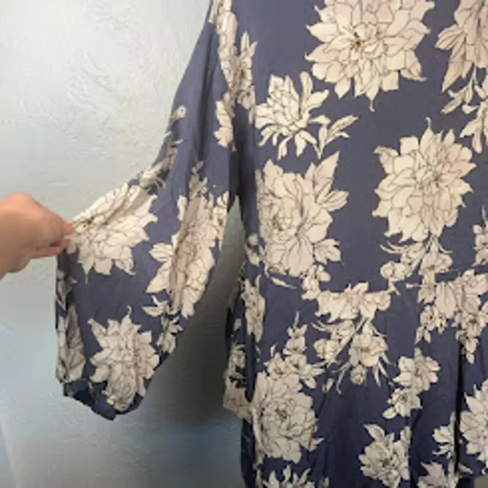 Free People Shake It Marine Blue Mini Floral Shirtdress Sz M Pockets No Belt